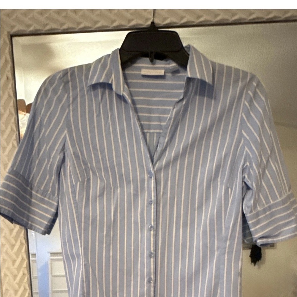 New York & Company Light Blue and White Striped Button-Down Shirt XS